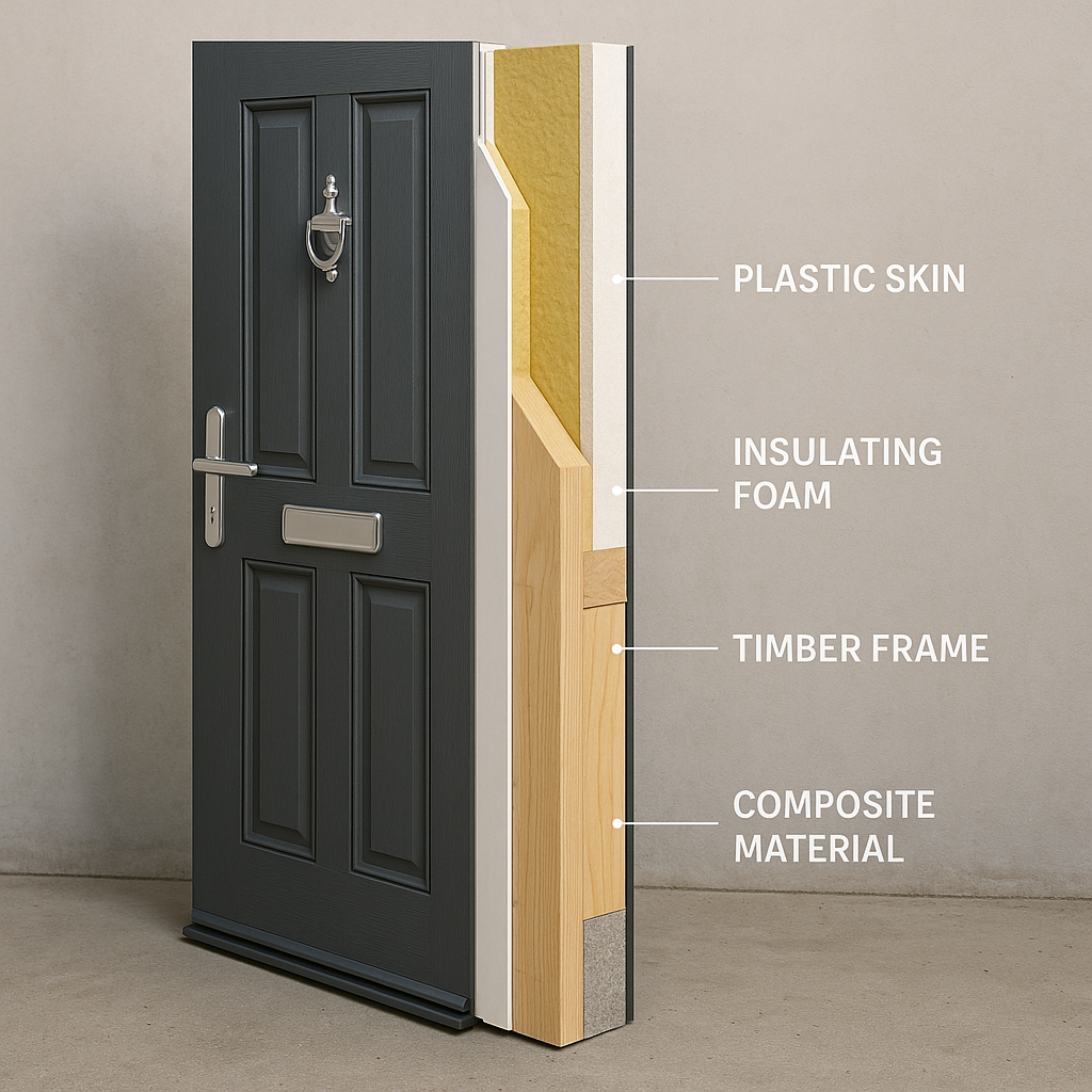 Vertical cross-section of an anthracite grey composite door showing the internal layers: plastic skin, insulating foam, timber frame, and composite core material