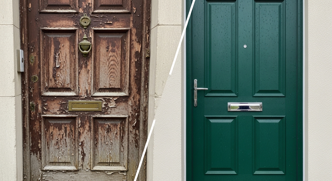 Traditional Chartwell Green composite front door with decorative glazing and chrome hardware.