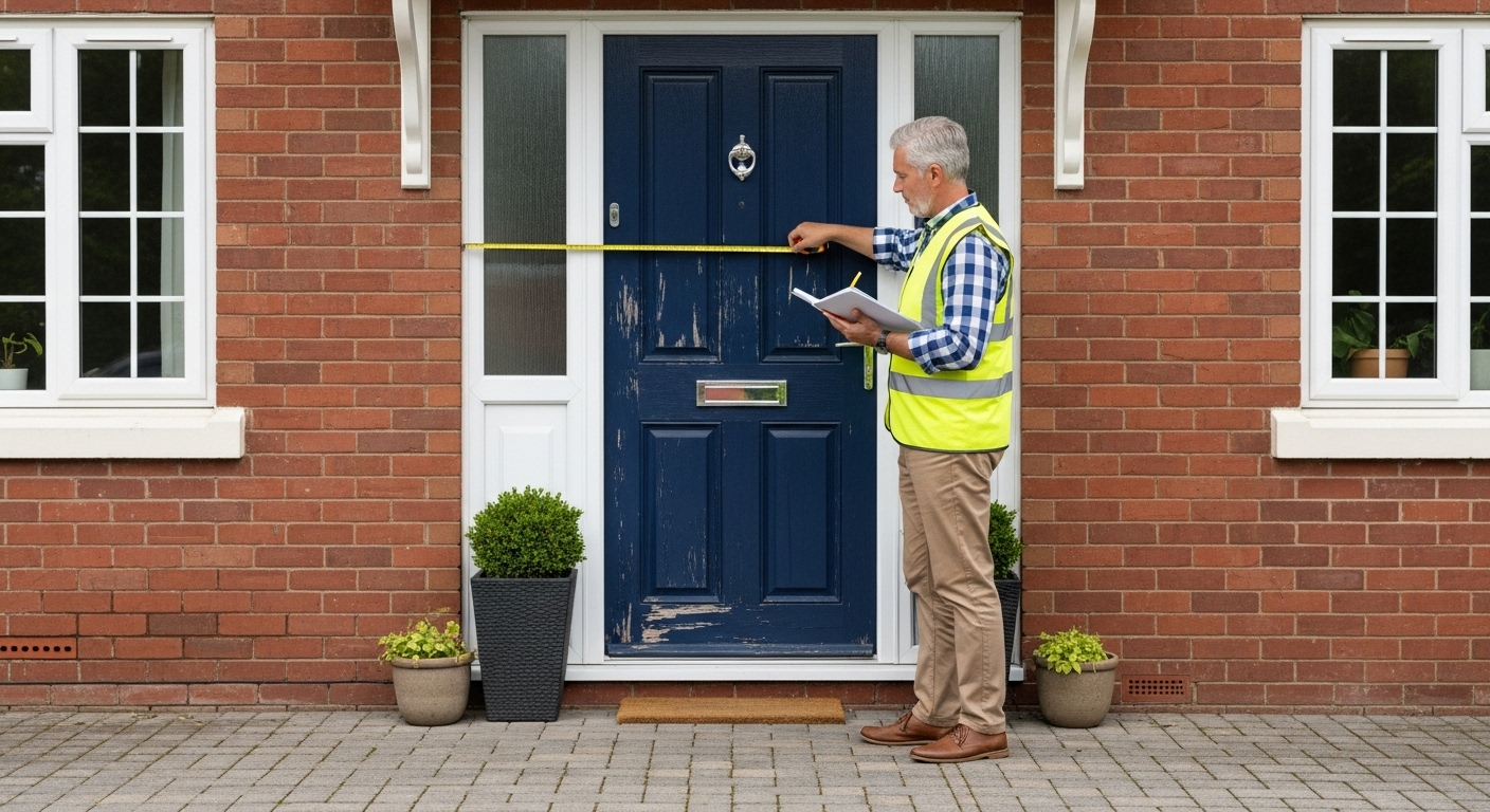 Secured Homes expert surveyor in a high-vis vest measuring the width for a new composite front door with a yellow tape measure