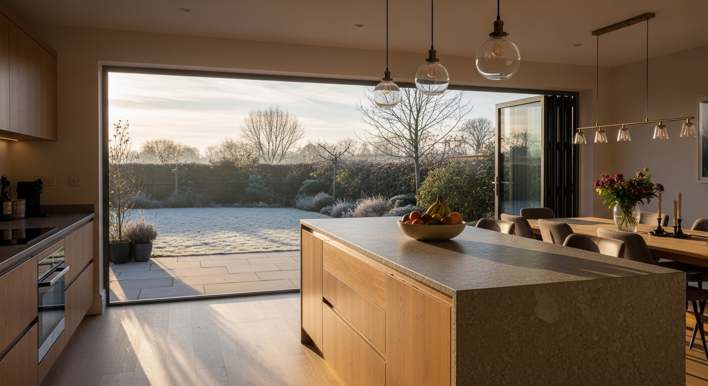 Slim-frame bifold doors connecting a modern kitchen to a garden