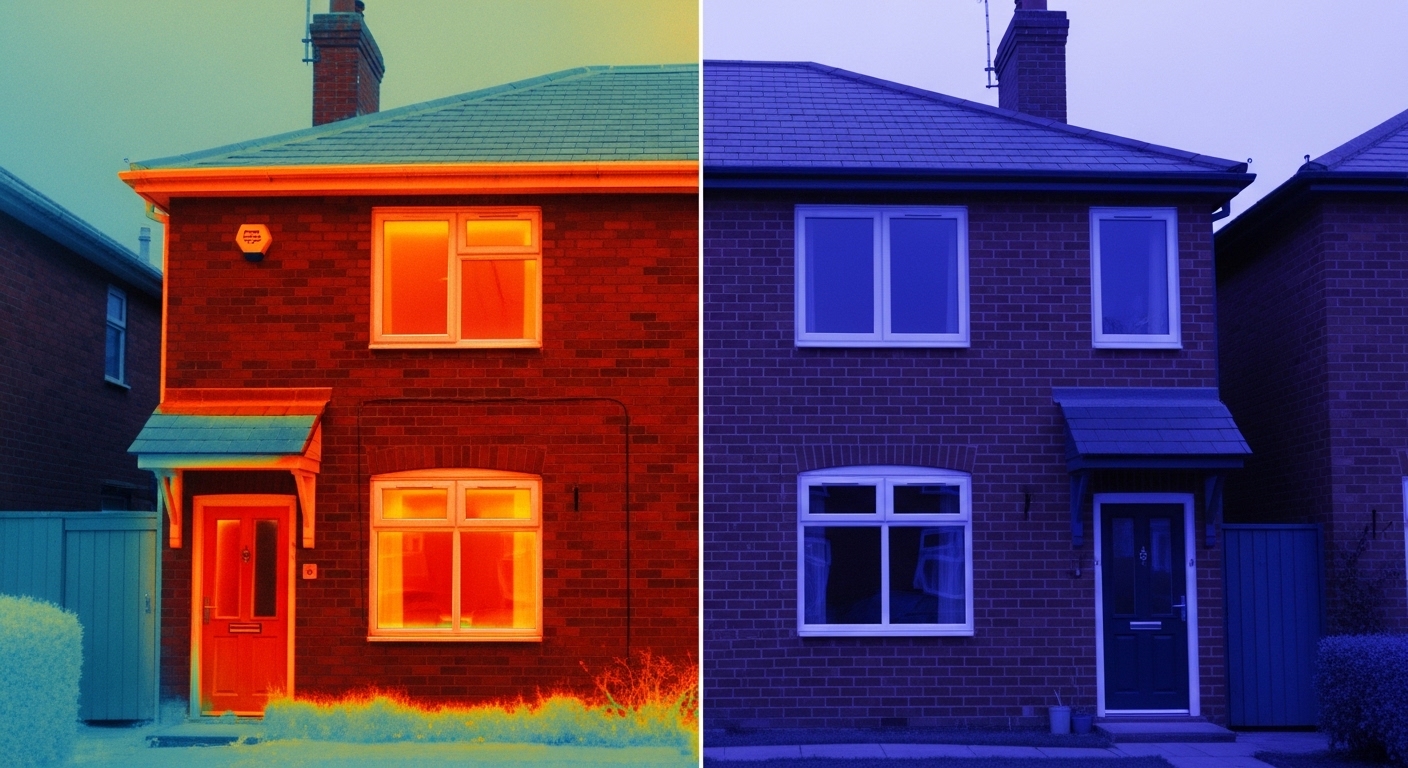 Thermal imaging comparison showing heat loss in old windows versus energy-efficient new windows.